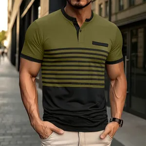 Close-up of men's casual polo shirt with V-neck buttons and striped color-block design