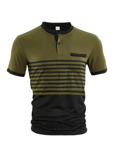 Men's olive green and black color-blocked striped Henley Polo shirt with pocket