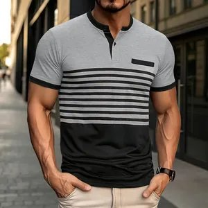 Men's casual V-neck polo shirt featuring grey and black stripes and chest pocket detail