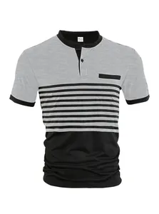 Men's casual henley polo shirt with striped color-block and chest pocket detail