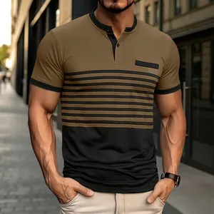 Close-up of men's striped color-block polo shirt with V-neck buttons and chest pocket.