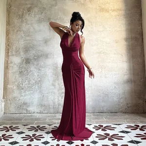 Elegant burgundy backless halter neck cowl neck satin maxi evening dress for women