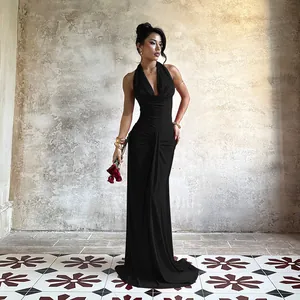 Elegant black halter cowl neck satin maxi dress featuring a sexy backless silhouette