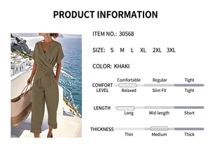 Detail of khaki V-neck wrap jumpsuit showing waist design and product attributes