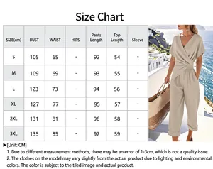 Size chart for women's elegant solid color loose jumpsuit with measurements in CM