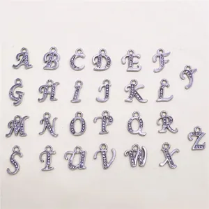 26-piece set of silver alloy rhinestone English letter charms for DIY jewelry making