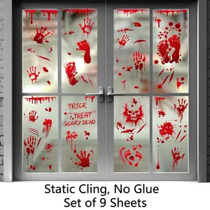Halloween Window Clings Wall Stickers Static Clings Blood Handprints Pumpkin Gnomes Skull Decor Waterproof PVC Double Sided