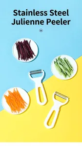 Dual-head peelers displayed with plates of shredded carrots and sliced cucumbers