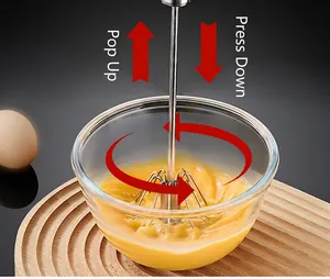 Close-up of semi-automatic stainless steel whisk showing press-to-rotate mechanism