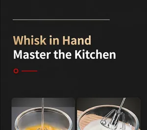 Detailed close-up of 316 stainless steel whisk head mixing egg yolks in a clear bowl.