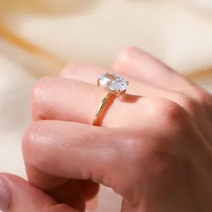 Close-up of elegant gold plated sterling silver ring with large oval zircon on finger.