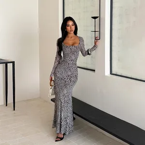 Women Polka Dot Maxi Dress Long Sleeve Square Neck Slim Fit Elastic Mesh Bodycon Long Gown