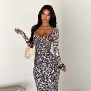 Elegant square neck polka dot long sleeve maxi dress for women sexy slim fit gown