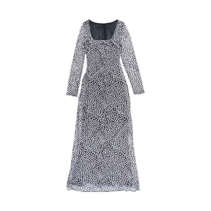 Full view of elegant square neck polka dot long sleeve maxi dress with slim fit design