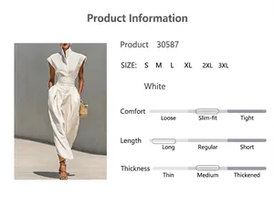 Detailed view of a white stand-collar high-waist sleeveless long jumpsuit for women.