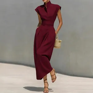 Elegant burgundy high waist maxi dress featuring a stand collar and stylish cap sleeves