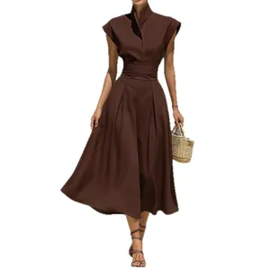 Elegant chocolate brown stand collar high waist midi dress for chic summer occasions.