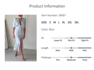 Detail view of blue floral V-neck dress featuring lace patchwork and slim fit parameters