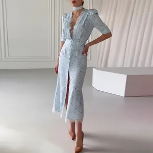 Elegant light blue V-neck floral midi dress with delicate lace trim details