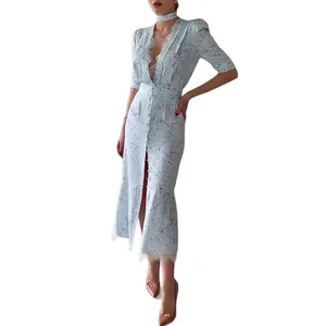 Elegant light blue V-neck floral midi dress featuring lace trim and matching choker
