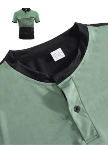 Close-up of men's striped polo shirt collar showing fabric texture and material label