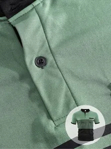 Close-up detail of men's striped polo shirt showing button placket and fabric texture