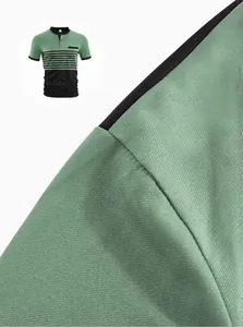 Close-up detail showing the breathable fabric texture of a green striped polo shirt