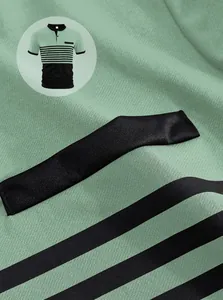 Close-up detail of mint green and black striped fabric texture on a men's polo shirt