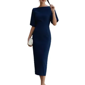 Elegante abito longuette blu navy a tubino con scollo a barchetta e maniche corte