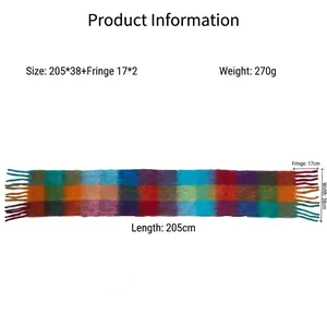 Colorful mohair plaid scarf with fringes for winter warmth, 205cm x 38cm size