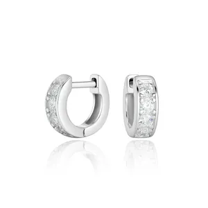 S925 sterling silver minimalist hoop earrings with sparkling inlaid stones, mirror reflection