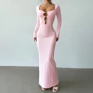 Slim Fit Maxi Dress Long Sleeve Square Neck Hollow Out Metal Buckle Knitted Solid Sexy Clubwear For Women