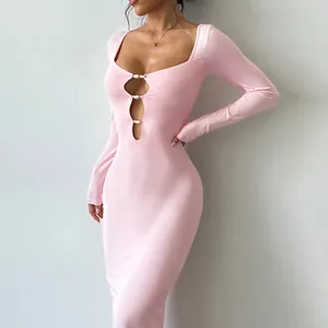 Sexy pink long-sleeved slim dress with square neck and bust metal cutout design
