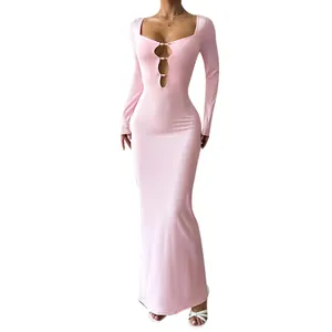 Sexy pink square neck long sleeve maxi dress featuring chest hollow-out with metal rings