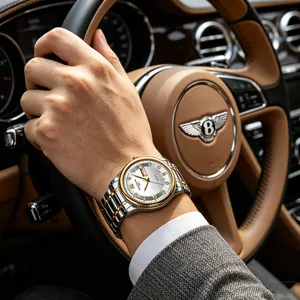 Men's luxury two-tone steel watch with double calendar dial shown in a car interior