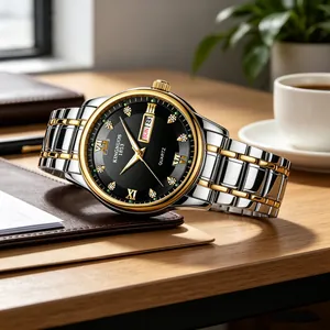 Macro detail of two-tone stainless steel watch with black dial and Roman numerals.