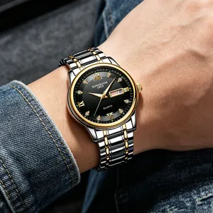 Close-up of a men's stainless steel watch with a black dial and double calendar