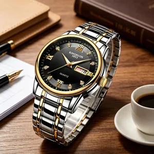 Close-up of a two-tone men's steel watch with black dial and day-date display