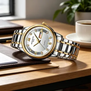 Professional close-up of a two-tone men's watch with Roman numerals and dual calendar display.