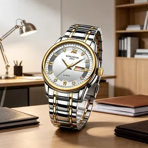 Detail of two-tone stainless steel men's watch with Roman numerals and day-date display