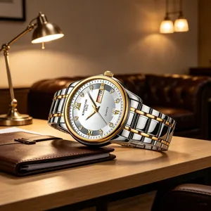 Close-up of gold-toned men's steel strap watch with double calendar and Roman numerals