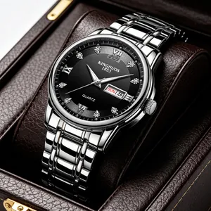 Elegant men's stainless steel watch featuring a black dial, day-date display and Roman numerals.
