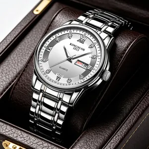Elegant men's silver steel watch with day-date display and Roman numeral indices