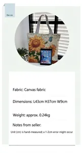 Comprehensive size and fabric specifications for the sunflower print canvas tote bag