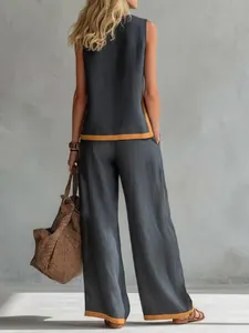 Detailed back view of a summer sleeveless two-piece set with color-block wide-leg pants