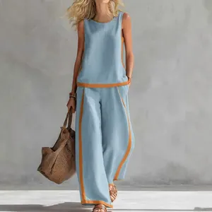 Women's Casual Sleeveless Round Neck Contrast Color Top And Wide Leg Pants Polyester Spandex Summer Fashion Lounge Wear