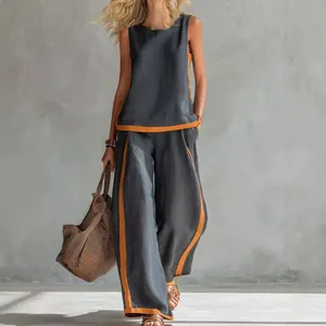 Women's stylish sleeveless top and wide-leg pants two-piece set with vibrant contrast trim