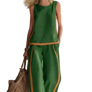 Casual forest green sleeveless top and wide-leg pants two-piece set with brown contrast piping