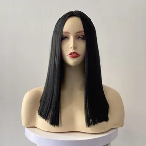 Detailed front view of a long straight natural black synthetic wig with middle parting