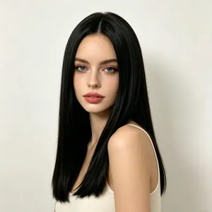 Detailed view of a natural black long straight synthetic hair wig with middle part